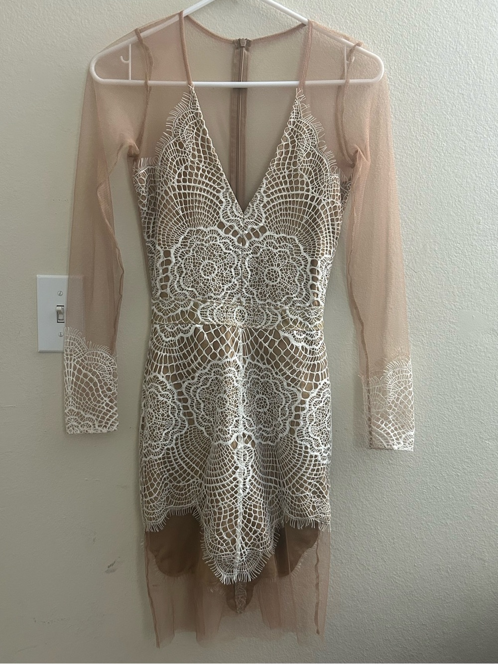 For Love & Lemons Nude Mesh White Crochet Lace Deep V Long Sleeve Mini Dress